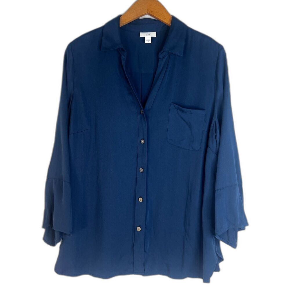 J Jill Dark Blue Vneck Wide Sleeve Button Front Satiny Top Size Medium